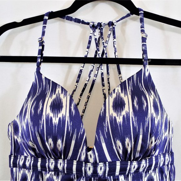 Athleta Navy Blue Auqualux Aztec Print Strappy Swim Tankini Top Size Small - Picture 3 of 7